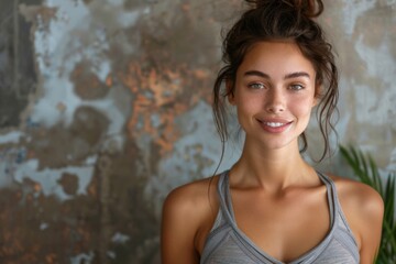Naklejka premium Woman in gray top with messy bun