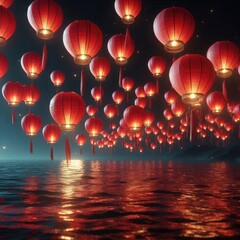 Obraz premium Night Beauty: Red Lanterns Floating in the Air
