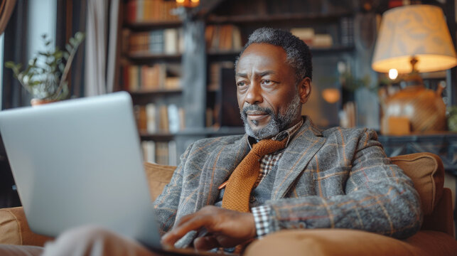 Handsome mature black man wearing a suit and a tie, sitting on the sofa with the laptop having a zoom interview 