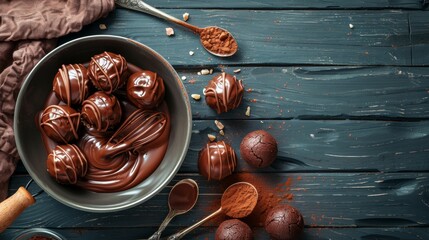 A bowl filled with chocolate covered chocolates, placed next to spoons, ready for indulgence