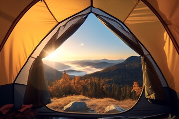 The door tent view lookout camping in the morning. Glamping camping teepee tent