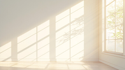 Fototapeta premium A bright room with a white wall, sunlight streaming in and reflecting off the wooden floor, providing a fresh and airy backdrop