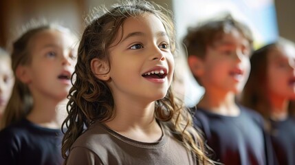 Obraz premium Children group singing together in class happy children day concept