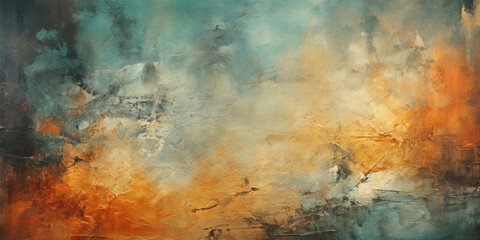 Obraz premium Gritty and worn, grunge orange and green textured abstract background with distressed weathered effect, brushstrokes, aged feel reminiscent of concrete walls.