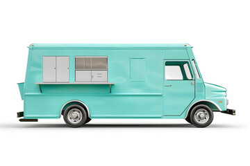 Pastel blue, turquoise food truck side view isolated on white background