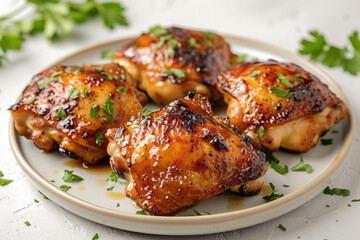 Chicken thighs in mustard honey glaze and greenery on white plate on white concrete background, delicious baked poultry meat.