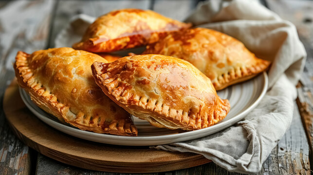 Several baked, whole, delicious beef patties on grey plate on round board rustic wooden background, Jamaican chebureks stuffed with meat, pastries from cuisine of an exotic country.