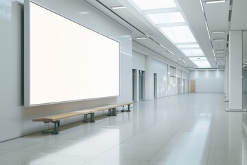 Empty metro corridor or underground passage with benches and a blank billboard