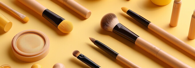 Obraz premium There are various types of makeup tools such as makeup brushes and cosmetics on a yellow background. Cosmetics brand review advertising background. Flat lay. Top view.
