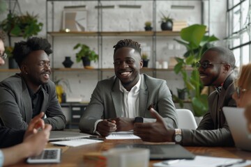 Fototapeta premium Group chatting, laughing around table