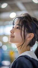 Close-up of the face profile of a beautiful Asian girl model. Bokeh background. Japanese or korean high school girl model.