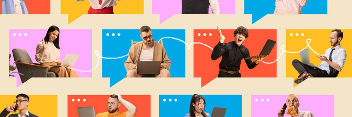 Banner. Contemporary art collage. Professionals engaged in remote work, featuring video calls, phone conversations. Modern communication Concept of work from home, teamwork, online. Ad