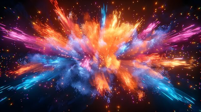 Fireworks transparent background. New year celebration. Watercolor floral design, powder burst efect. Party carnival holiday city event 3d modern digital art. Space nebula supernova exploding.