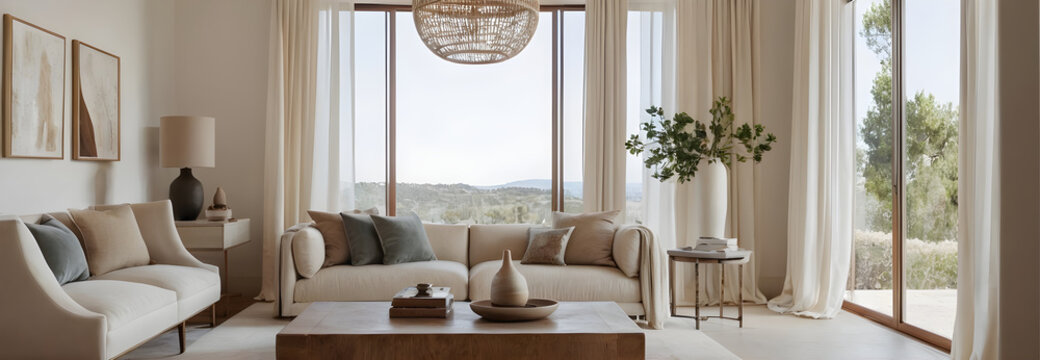 Modern and elegant living room with large windows overlooking a beautiful landscape in neutral and relaxing tones