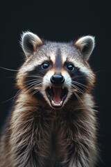 Fototapeta premium Mystic portrait of Common Raccoon in studio, copy space on right side, Anger, Menacing, Headshot, Close-up View Isolated on black background