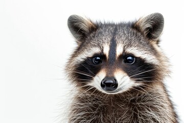 Mystic portrait of Common Raccoon studio, copy space on right side, Anger, Menacing, Headshot, Close-up View Isolated on white background