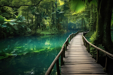 Beautiful breathtaking jungle landscape with wooden bridge on the lake at tropical rain forest