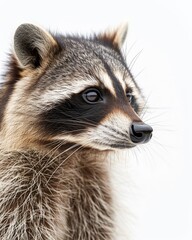 Obraz premium Mystic portrait of Crab-eating Raccoon , copy space on right side, Anger, Menacing, Headshot, Close-up View Isolated on white background