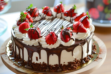 Delicious cake topped with chocolate and strawberries.