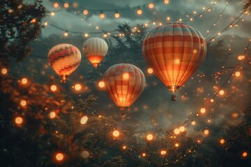 Fototapeta premium Enchanting hot air balloons illuminating a misty forest with warm lights, creating a magical and dreamlike atmosphere.