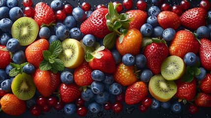 Obraz premium Fresh assorted fruits including strawberries, blueberries, and kiwi slices arranged creatively for a vibrant and healthy display.