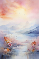 Delicate watercolor landscape painting. Watercolor minimalist landscape illustration.