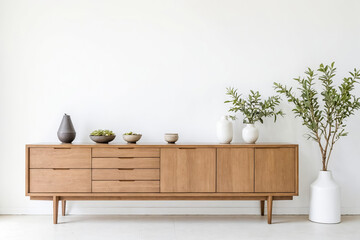 Mid-Century Modern Sideboard with Greenery and White Vases