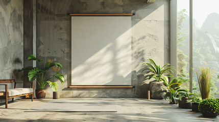 Modern home with a blank banner stand, sunlight creating interesting patterns on the walls