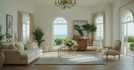 Unwinding in a luxurious living room with a tranquil ocean view. The ultimate spot for relaxation after a tiring day