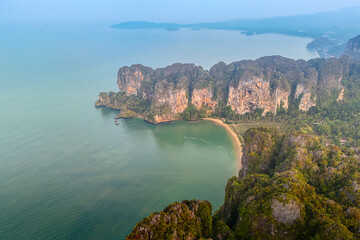 Aerial view of the beach in the morning of Railay at sunset