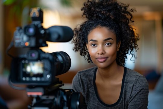 Female photographer filming with camera in front of video camera