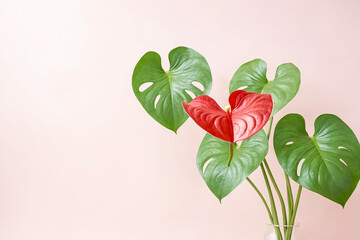 Monstera and Anthurium on Pink Background