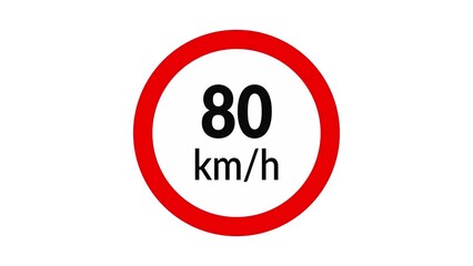 80 kmh speed limit road sign icon animation on white background