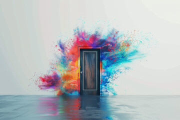 A minimalist door in the center with abstract, colorful brushstrokes surrounding it on a plain background. The door itself is simple, while the surrounding art adds a burst of creativity and color. 
