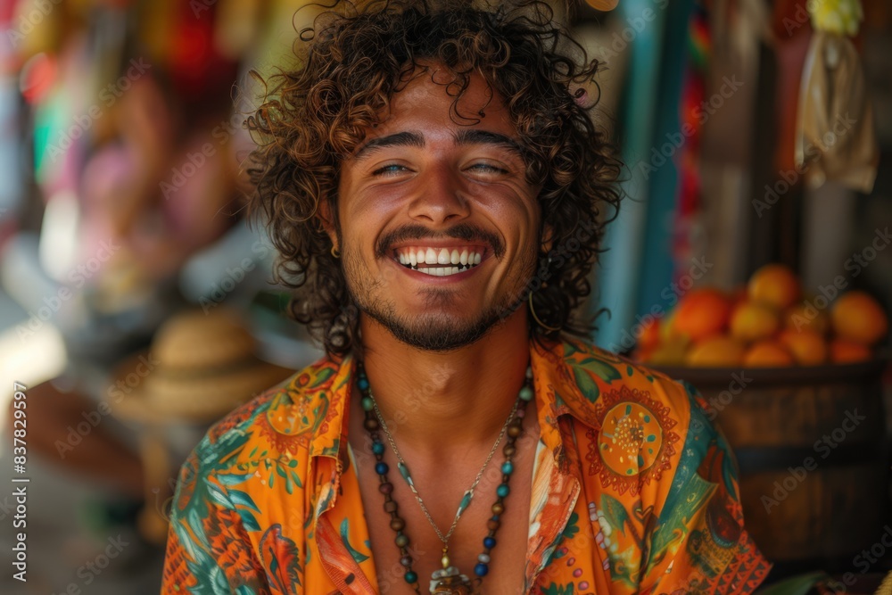 Wall mural smiling curly haired man at a fruit market