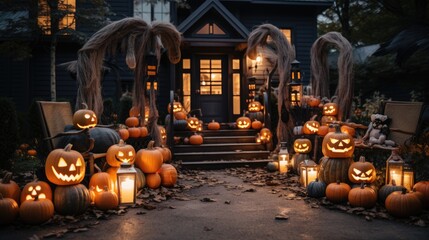Obraz premium Autumn Halloween Porch with Pumpkins and Warm Lights