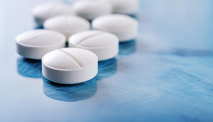White pills on blue background. Pharmaceutical product. Pain medications. Analgesic drug.