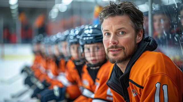 Ice hockey coach and team on bench during game.
