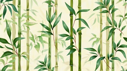 Beautiful seamless bamboo pattern with green stems and leaves on a light background, perfect for wallpapers, textiles, and decor.