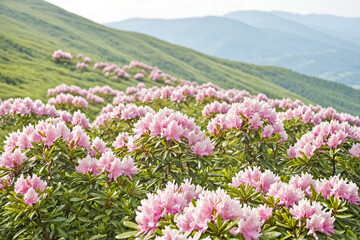 Obraz premium Pink rhododendrons blooming on a mountainside