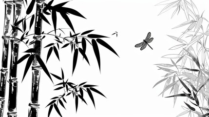 Obraz premium Black and white bamboo illustration with a dragonfly, capturing serene and minimalist nature-inspired artwork. Perfect for designs and decor.
