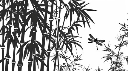 Obraz premium Black and white illustration of bamboo plants with a dragonfly flying nearby, showcasing a serene and natural setting.