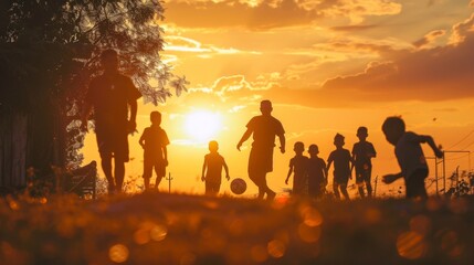 Fototapeta premium Sunset Soccer Game with Silhouetted Players
