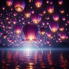 Obraz premium Twilight Wonder: Purple Lanterns Floating in the Air Above Water