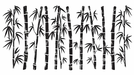 Abstract black and white drawing of bamboo stalks and leaves, creating a zen and natural ambiance. Perfect for decor and design themes.