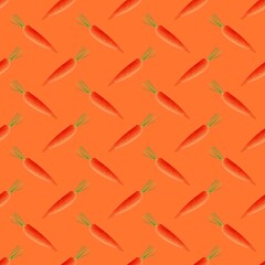Delicious bright seamless pattern juicy orange carrots on a orange yellow background. Carrot pattern.