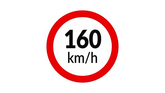 160 kmh speed limit road sign icon animation on white background
