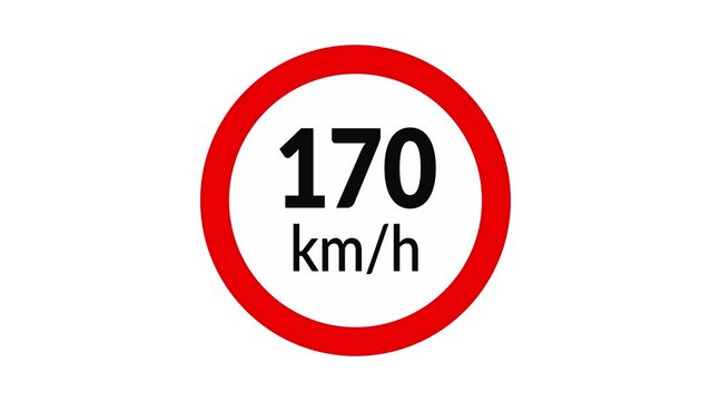 170 kmh speed limit road sign icon animation on white background