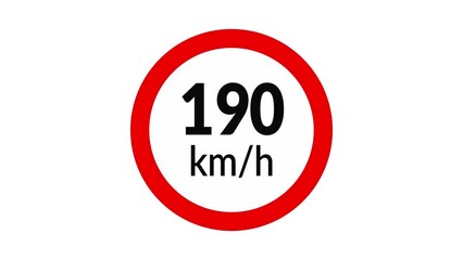 190 kmh speed limit road sign icon animation on white background