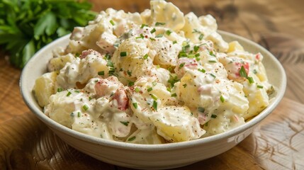 Ranch Potato Salad. Bowl of potato salad with chives and herbs.